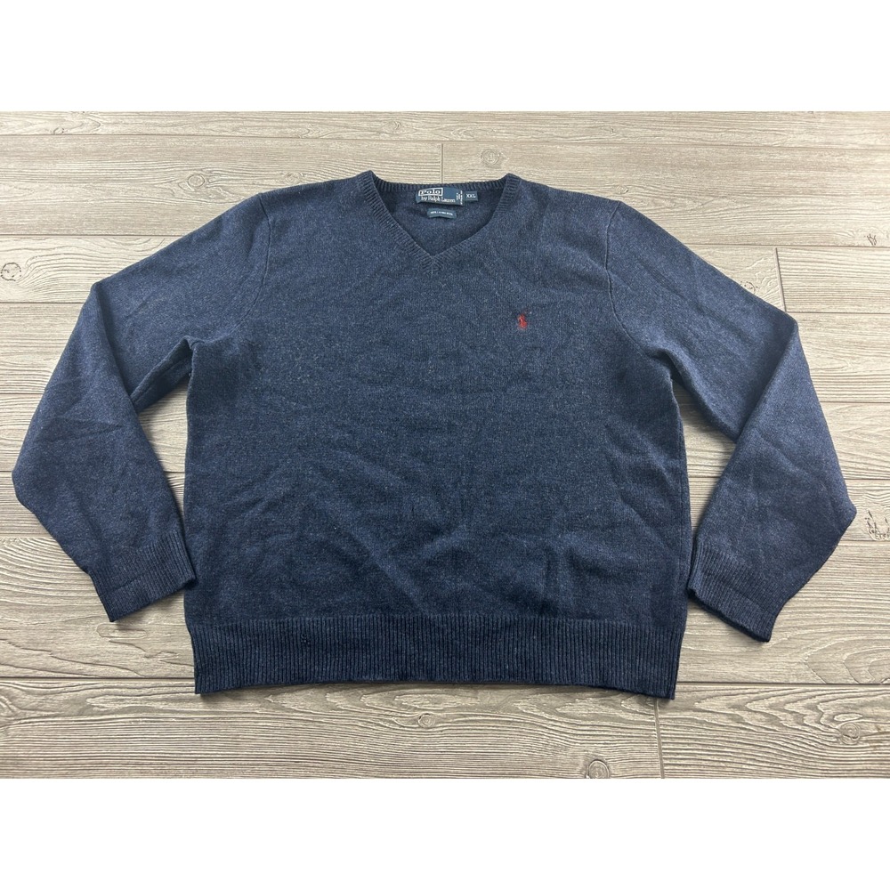 Polo Ralph Lauren Sweater Mens 2XL Navy Blue V Neck LambsWool Pullover